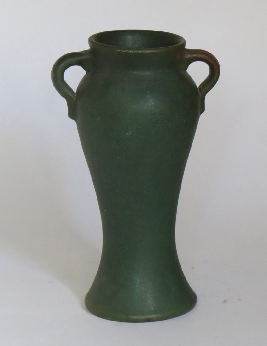 Bauer Matte Green Two-Handled Rebecca Vase: Bauer matte green two-handled "Rebecca" vase. Unisgned. 10.75"h x 6.5"w.