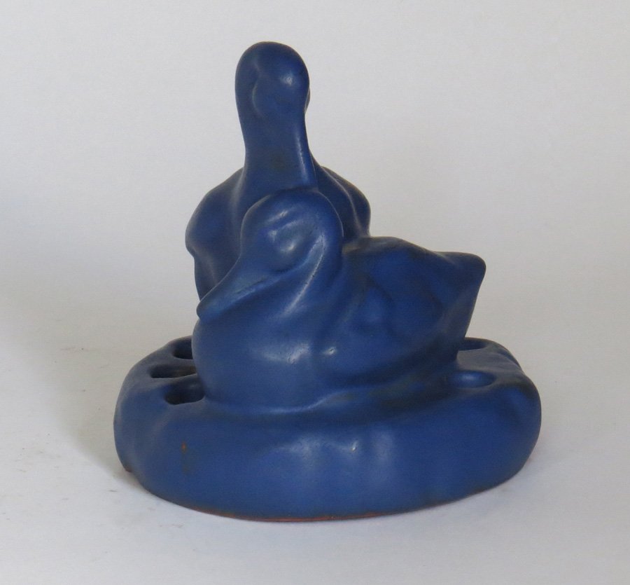 California Faience Matte Blue Swans Flower Frog: California Faience matte blue swans flower frog sculpture. Impressed on bottom "California Faience". 5.5"h x 5.25"d.