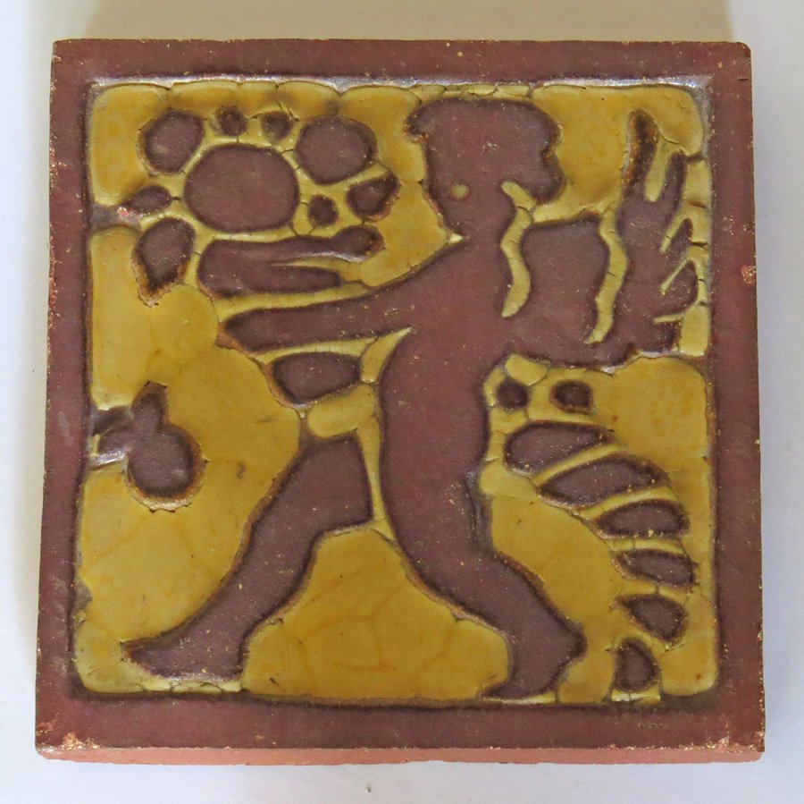 Grueby Angel Tile: Grueby Faience Co angel tile with matte brown glaze. Unisgned. 6" x 6".