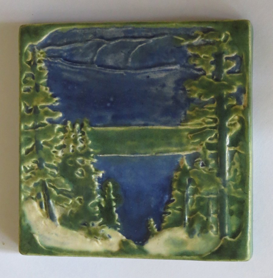 Walrich Sunset Tile: Walrich Pottery Berkeley, CA tile of the sun going down over the Golden Gate (before the bridge was built). Unsigned. 5.25" square.