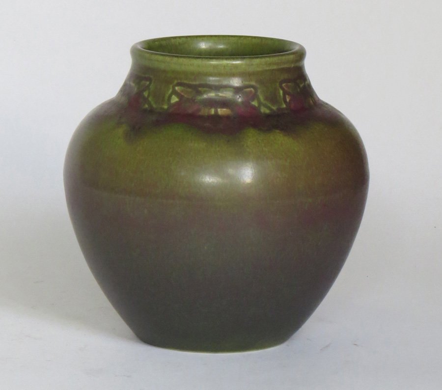 Rookwood Sphericle Vase 1913 by Charles S. Todd: Rookwood sphericle vase carved and decorated by Charles S. Todd with a dark matte green glaze dated 1913. 5.5"h x 5.5"d.