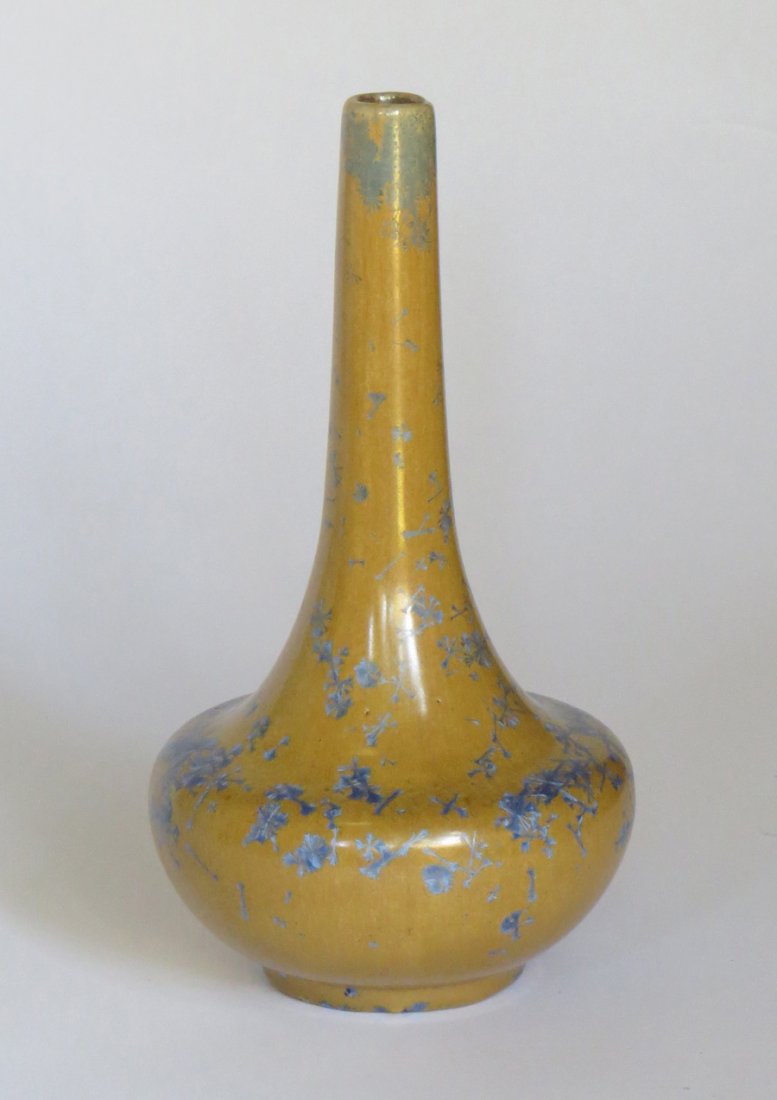 Flint Faience Crystalline Vase: Flint Faience vase with a danmic blue crystalline glaze. Unsigned. 8"h x 4"d.