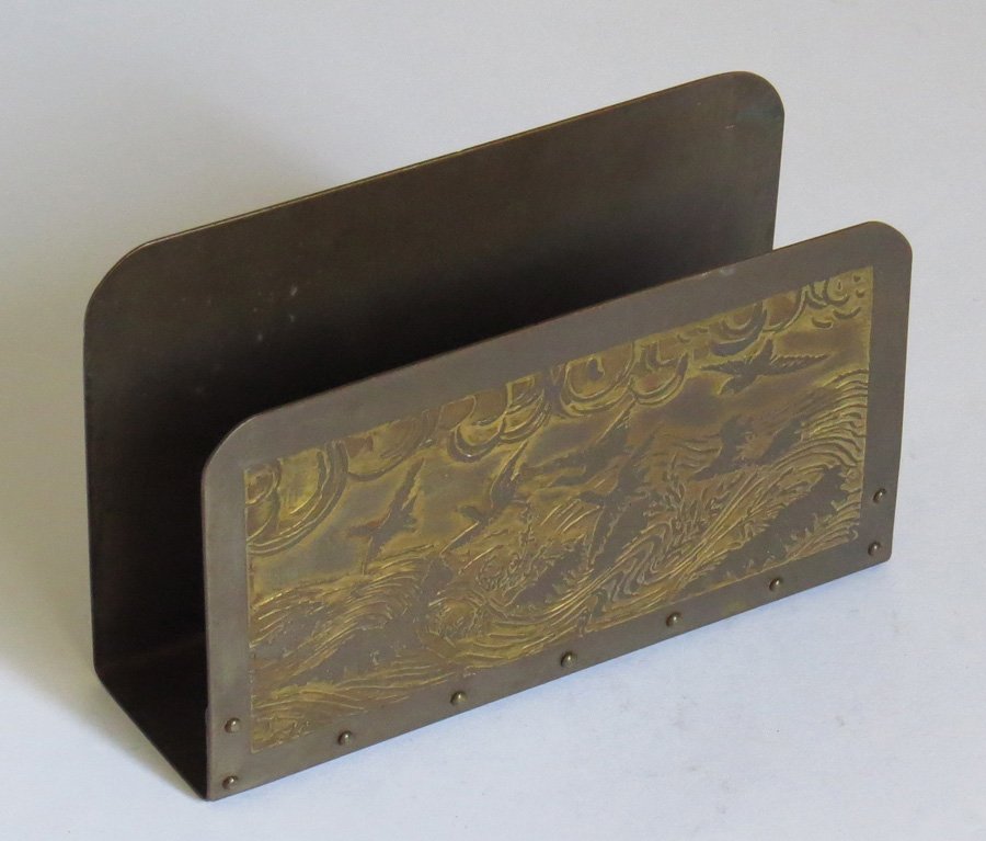 Frost Letterrack with Seagull Design: Frost brass letterrack with acid-etched seagull design. Impressed "Frost" within a triangle. 4"h x 6.75"w x 2"d.