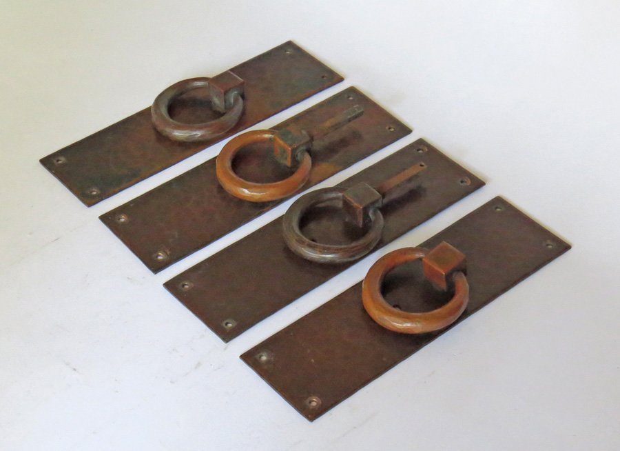 Gustav Stickley Set of Door Hardware: Gustav Stickley hammered copper backplates and heavy loop handles, set of 4, made for a Gustav Stickley house in Oyster Bay, Long Island, NY. Unsigned. 11"h x 3.25"w. Loops 3.25"d.