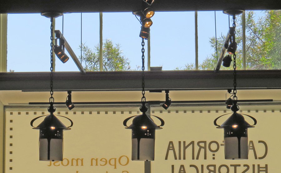 Set of 3 Michael Adams Hammered Copper Pendant Lanterns: Set of 3 Michael Adams hammered copper Gustav Stickley, Harvel Ellis designed pendant lanterns. 39"h overall x 10"d.