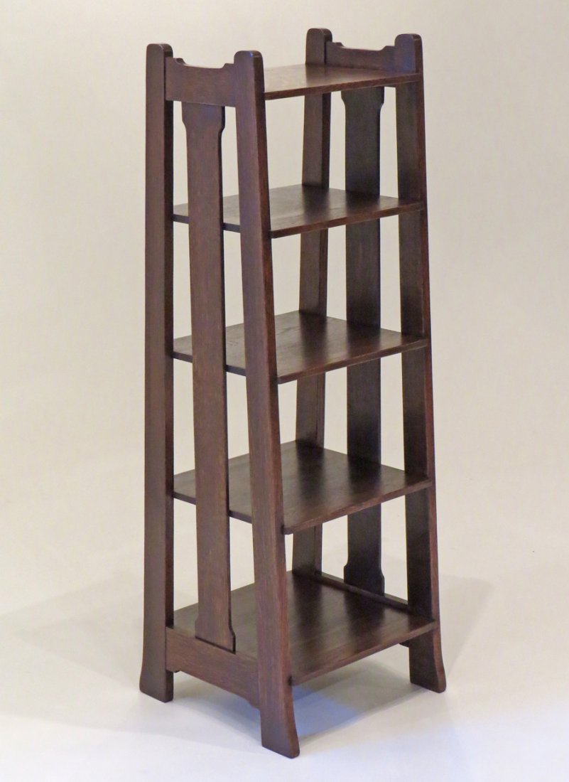 Stickley Bros Magazine Stand: Stickley Brothers magazine stand bookshelf. Signed with metal tag on bottom. 42"h x 14"w x 14"d at base.