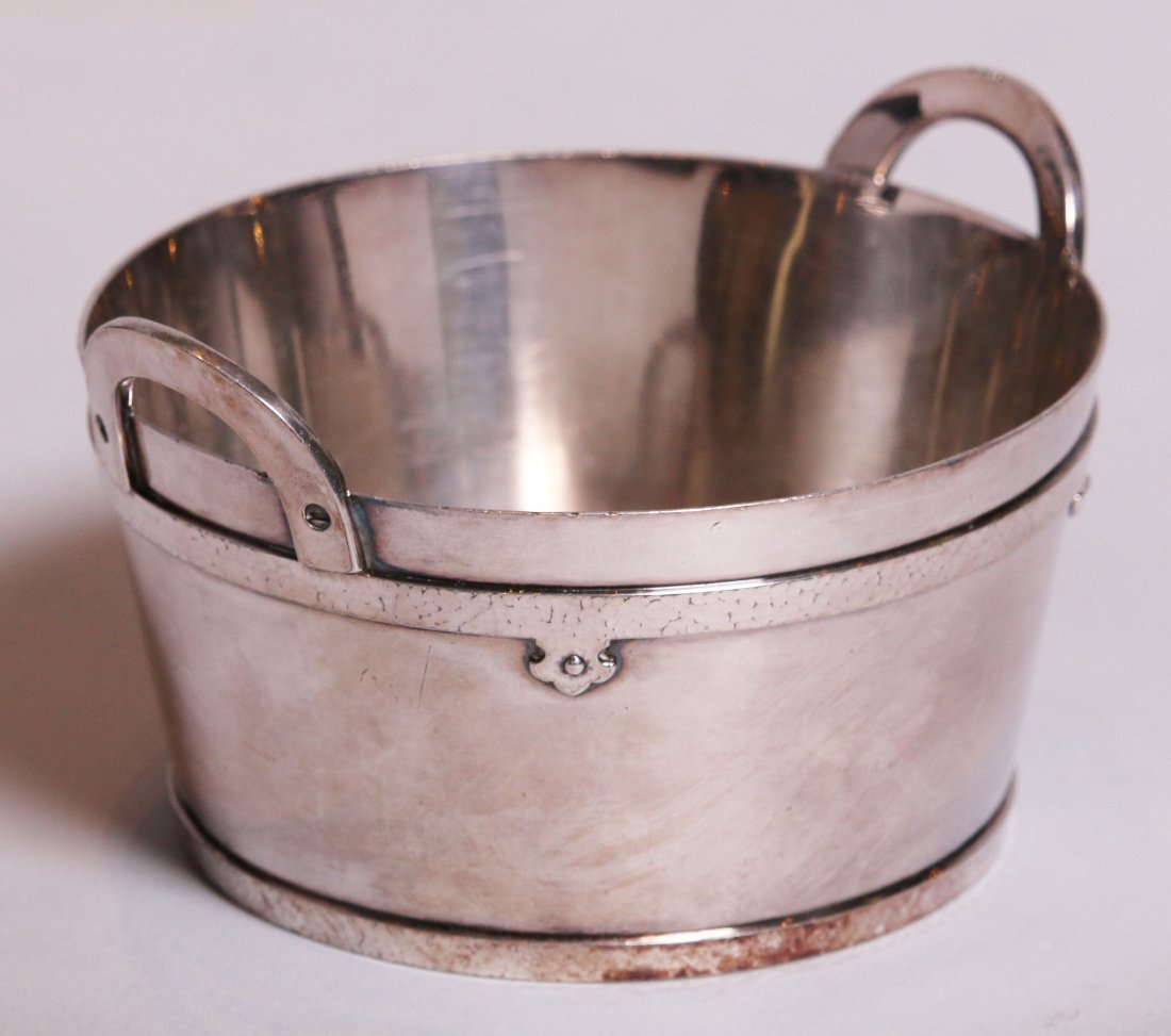 Arts & Crafts Silverplate Two-Handle Dish: Arts & Crafts silver-plate two-handle dish similar to Shreve & Co 14th Century pattern. 4"h x 6.5"w x 6"d. This lot is being sold to benefit The Dirk van Erp Foundation. We box and ship ourselves, to