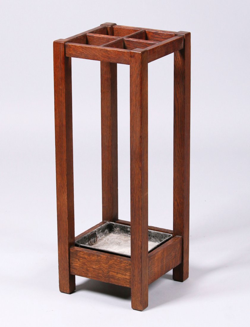 Michigan Chair Co. Square Umbrella Stand: Michigan Chair Co. square umbrella stand. Signed. Excellent original finish. 28"h x 10.25"sq. This lot is being sold to benefit The Dirk van Erp Foundation. We box and ship ourselves, to keep shipping
