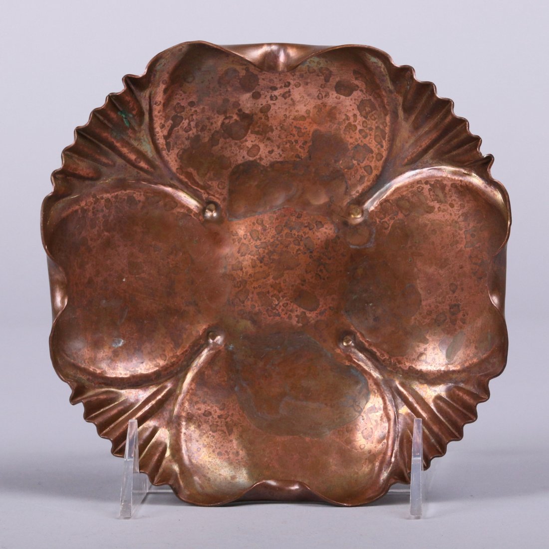 Craftsman Studios Copper Poppy Bowl: Craftsman Studios hammered copper poppy-shaped bowl #430. Signed on bottom. 6"d. This lot is being sold to benefit The Dirk van Erp Foundation. We box and ship ourselves, to keep shipping costs low. W