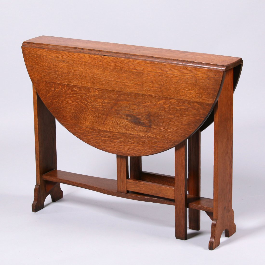 Arts & Crafts Dropleaf Table: Arts & Crafts drop-leaf table. Unsigned. Original finish. 36"w x 28"h x 7.5"depth x 36"d when open. This lot is being sold to benefit The Dirk van Erp Foundation. Larger piece are shipped via Steve Au