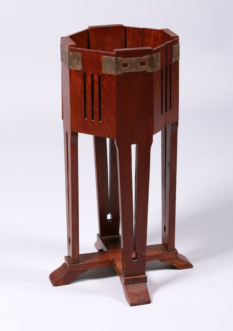 Lakeside Crafts Shop Cutout Plantstand: Lakeside Crafts Shop cutout plant stand with cutout brass strap work. Signed. Refinished. 26.5"h x 16" square at base. This lot is being sold to benefit The Dirk van Erp Foundation. We box and ship ou