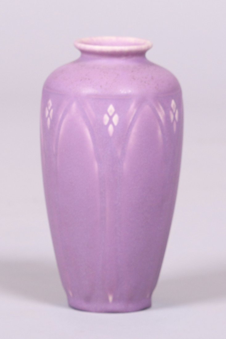 Rookwood Matte Purple Vase 1924: Rookwood matte purple vase #2412 dated 1924. 7"h x 3.5"d. This lot is being sold to benefit The Dirk van Erp Foundation. We box and ship ourselves, to keep shipping costs low. We do not use a packagin