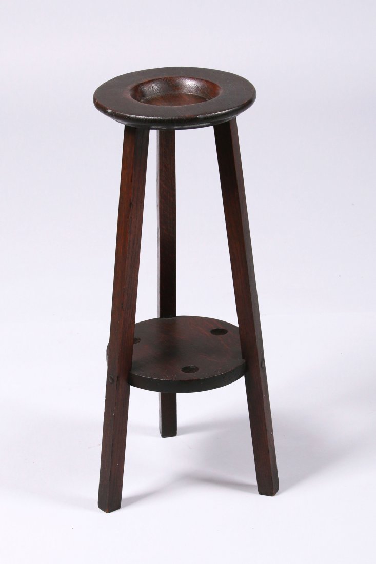 Lakeside Crafts Shop Oak Smoker's Stand: Lakeside Craft Shops round oak smoker's stand. Signed. Original patina. 22"h x 8"d at top and 10"d at base. This lot is being sold to benefit The Dirk van Erp Foundation. We box and ship ourselves, to