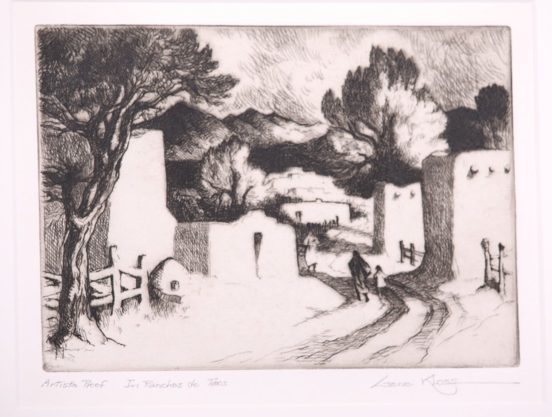 Gene Kloss Etching: Gene Kloss (1903-1996) etching "In Ranchos de Taos" artist's proof. 5.5"h x 8"w. Zaplin Lambert Gallery label, Santa Fe, NM. Gallery price $2500. Edition of 75 c1973. Frame 14"h x 15.75"w. We box and 