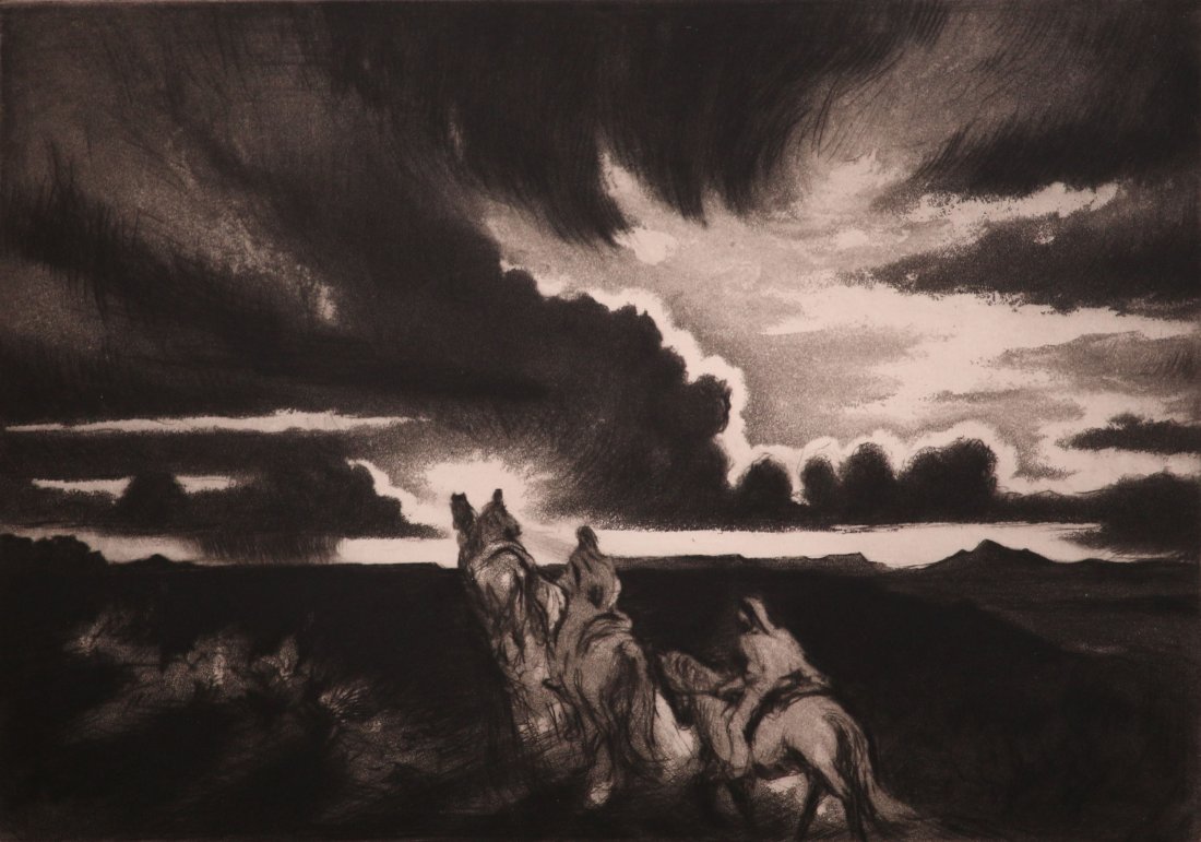 Gene Kloss Drypoint/Aquatint: Gene Kloss drypoint/aquatint entitled "Riders at Sundown". 71/75 c1953. 9.25"h x 12 7/8"w. $3500 gallery price. Frame 18.5"h x 21.5"w.