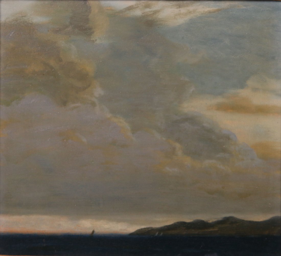 Geoffrey Lewis Painting of Marin Headlands: Geoffrey Lewis oil on board entitled "Seascape #23" of the Marin Headlands. 14.5"h x 16"w. Label on back "Pomeroy Galleries 449 Pacific Ave San Francisco $550." Original frame 21"h x 22.5"w.