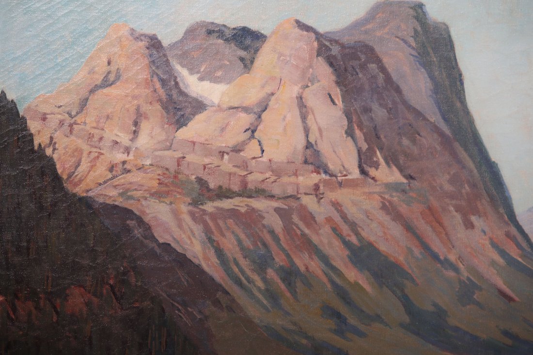 Henschel S. Glick Painting: Henschel S. Glick oil on canvas entitled "Glacier Peak". Label on back "No. 16 The Business Men's Art Institute 905 So. Beacon Ave Los Angeles." 24"h x 30"w. Original frame 29.5"h x 35.5"w.