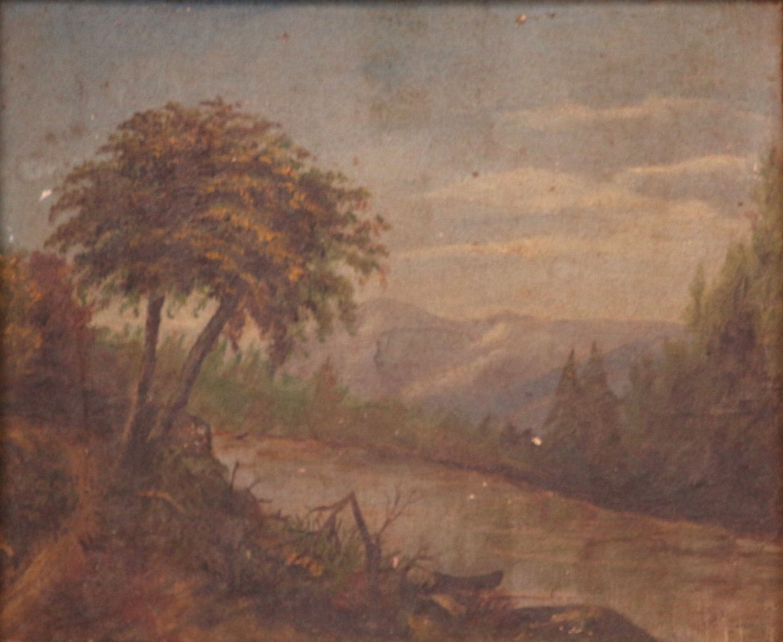 Hudson River School Painting: Small Hudson River School painting. Oil on wooden board. Needs cleaning. 6.75"h x 8"w. Original frame 11.25"h x 12.5"w.