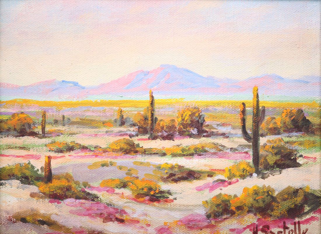 Herbert Sartelle Small Painting: Herbert Sartelle (1885-1955) small oil on canvas desert landscape. Signed lower right. 6"h x 8"w. Frame 7"h x 9"w.