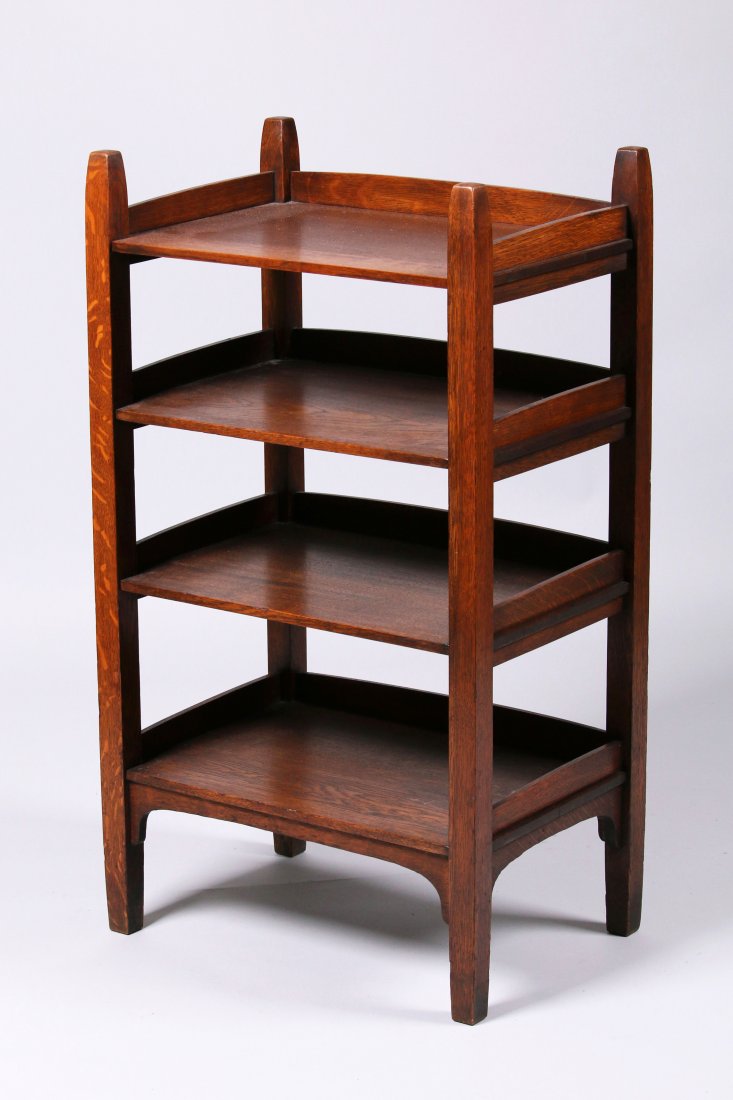 Gustav Stickley Pencil-Post Bookshelf: Gustav Stickley pencil-post bookshelf. Excellent original finish. Signed with red decal. 38.75"h x 22'w x 15"d.