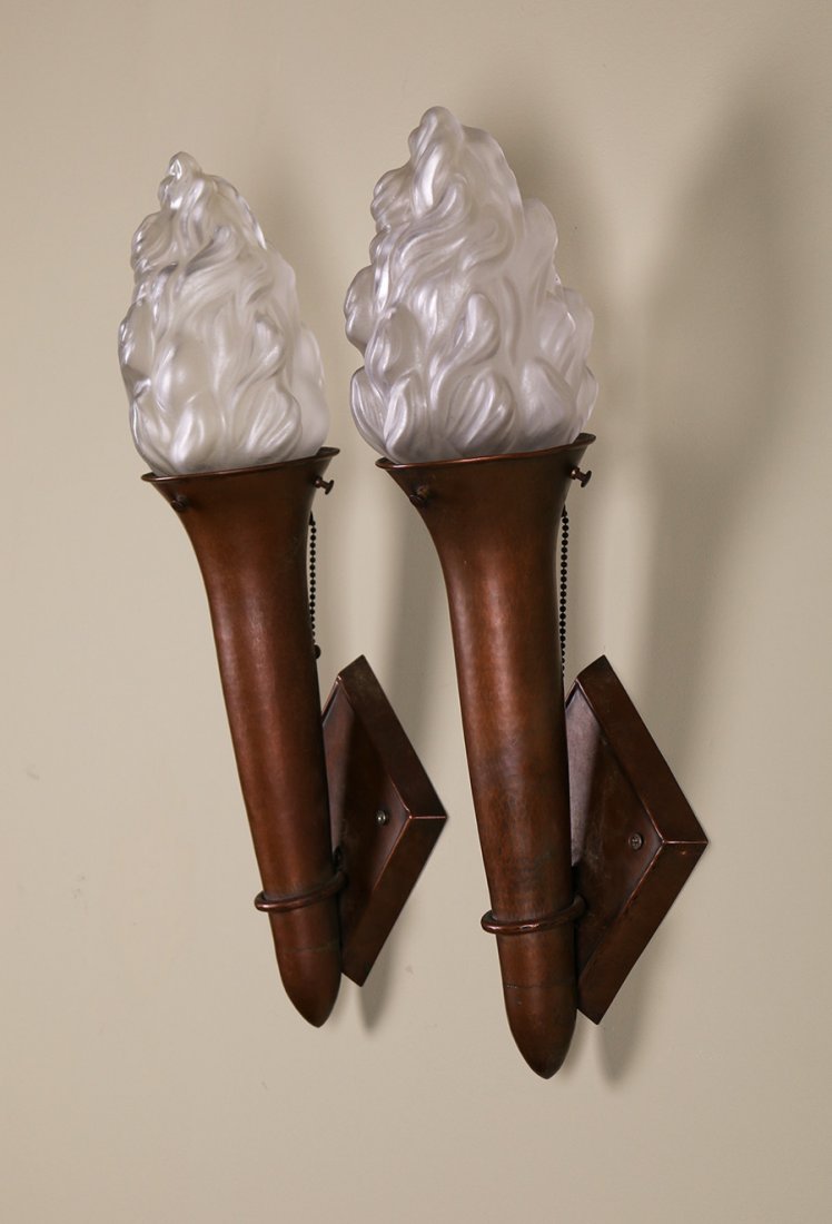 Dirk van Erp Hammered Copper Deco Sconces: Pr Hammered Copper Sconces attributed to Dirk van Erp c1920s. Excellent original patina. Original frosted glass shades. Unsigned. 19″h x 6″d x 7.25″w.