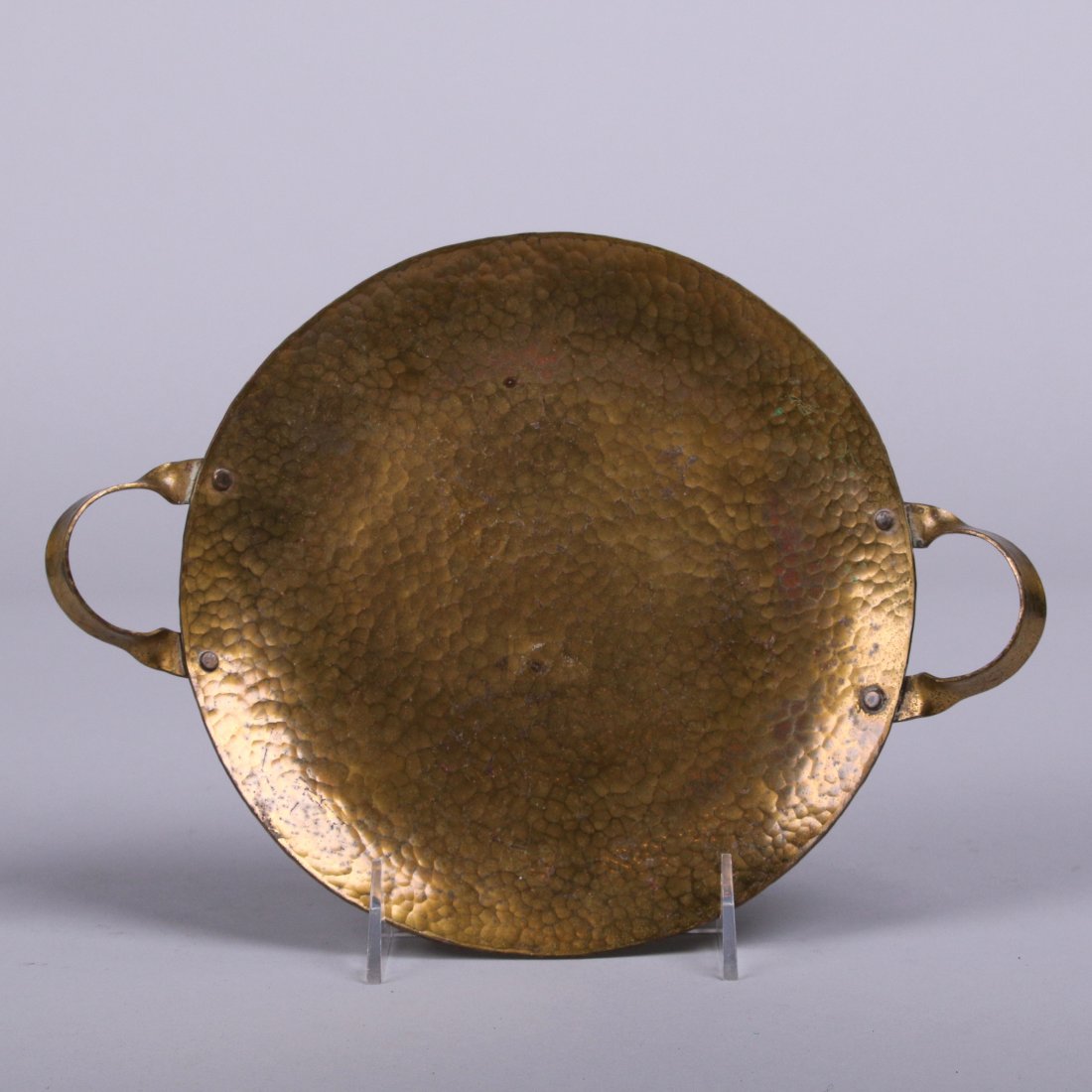 E.T.C. Fish Tioga, PA Hammered Brass Tray: E.T.C. Fish Tioga, PA hammered brass two-handled tray. Signed. Worn original patina. 10.75"w x 7 7/8"d.