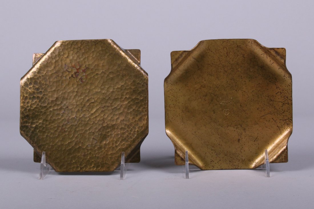 Two E.T.C. Fish Tioga, PA Hammered Brass Trivets: Two E.T.C. Fish Tioga, PA hammered brass trivets. Signed. Worn orignal patina. 6" x 6" x 1"h.