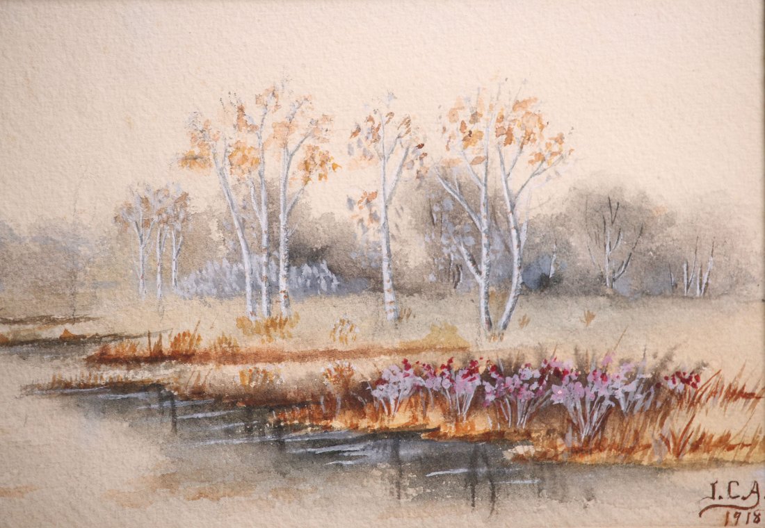 Watercolor of Birch Trees c1918: Old watercolor of birch trees c1918 signed J.C.A. 5.5"h x 19.5". Frame 10 7/8" x 25"w.