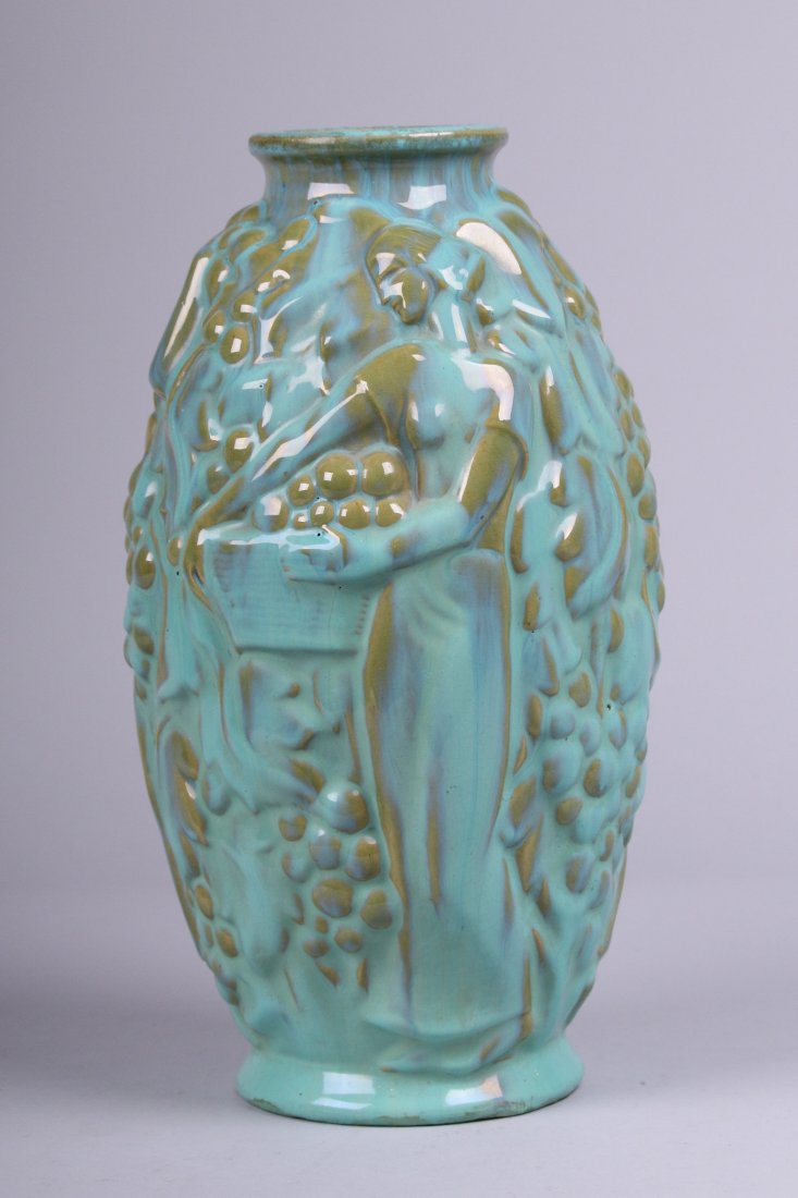 Fulper Deco vase with Three Female Figures: Fulper Pottery Deco vase with three female figures. Drilled through Fulper mark on bottom. 12.5"h x 6.5"d.
