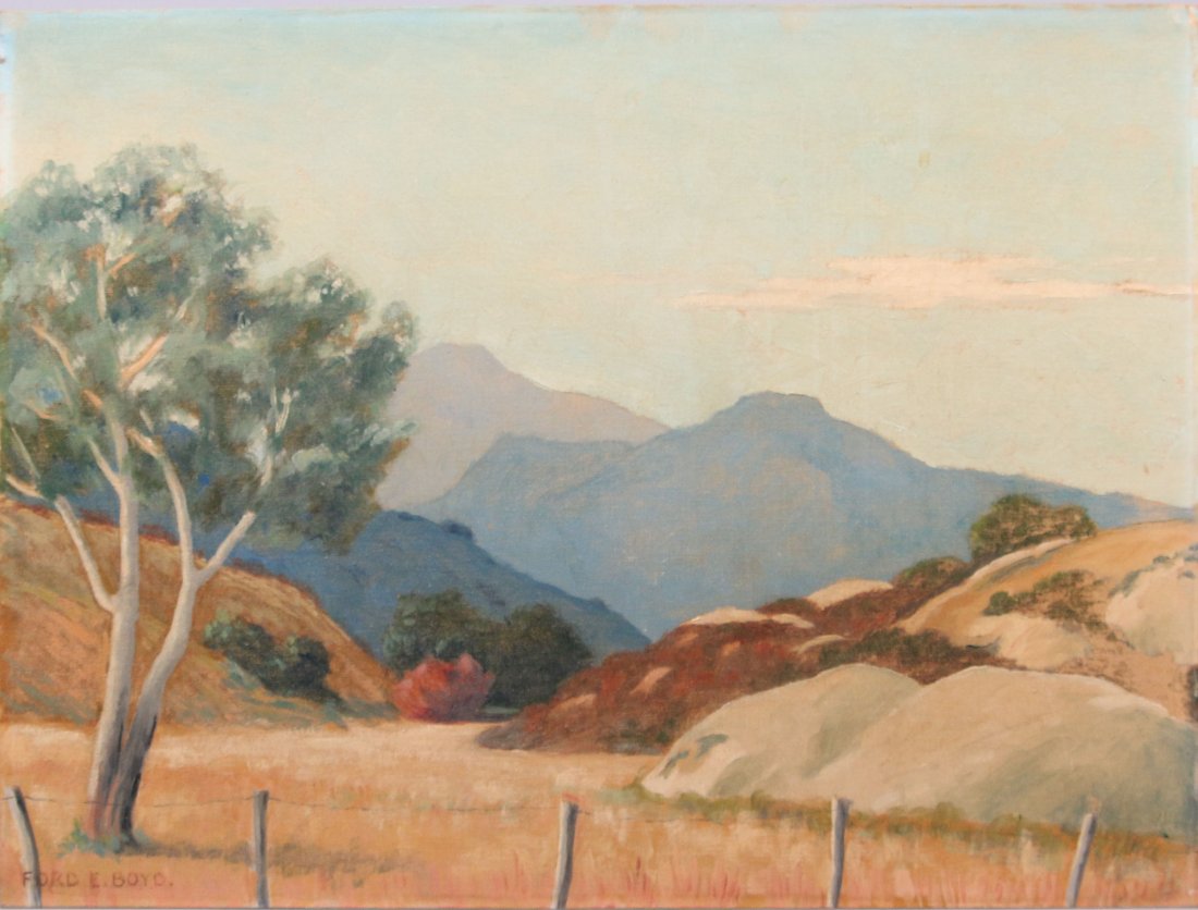 Ford A. Boyd Painting of Laguna Canyon: Ford A. Boyd oil on board entitled "Roadside Laguna Canyon". 18"h x 24"w. Damage to upper right corner. Unframed.