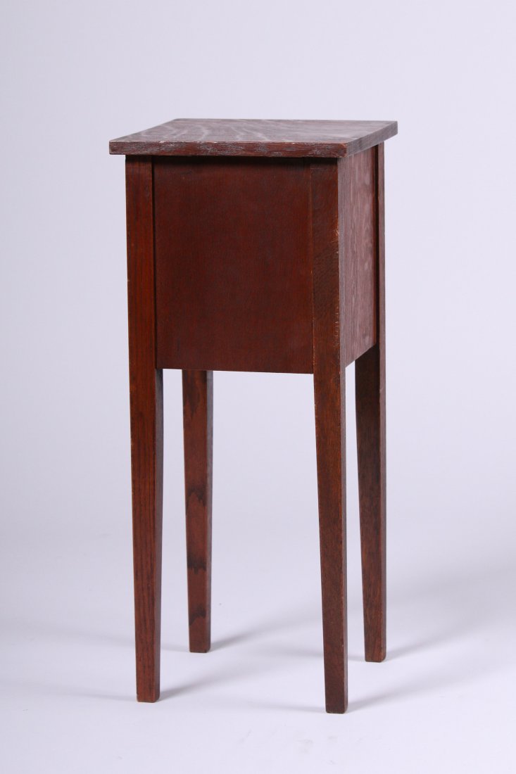Lakeside Craft Shops Side Table: Lakeside Craft Shops small square sewing table with lift top. Signed. Original finish. 25.25"h x 10.5"square.