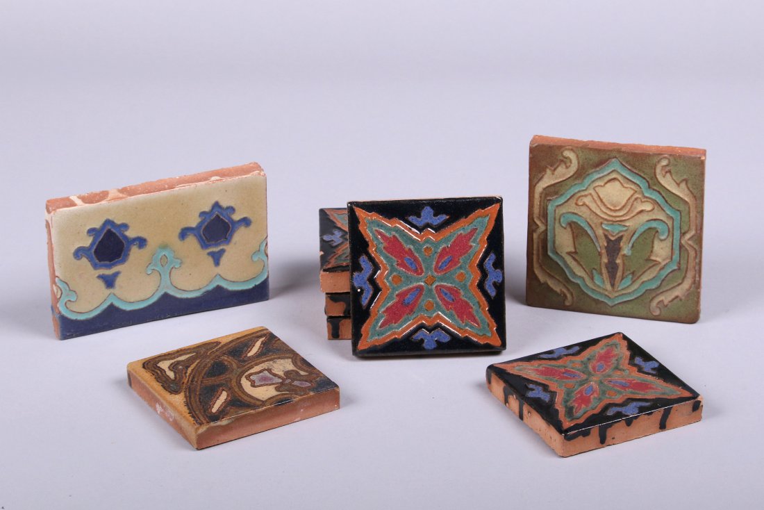 Group of 8 S & S Tiles San Jose, CA: Group of 8 S & S tiles San Jose, CA. 5 matching Deco tiles with red, green, blue, an black glaze. 3 other single tiles. Set of 5 tiles 4" x 4". Some with edge chips. Largest tile 3.75" x 5.75".
