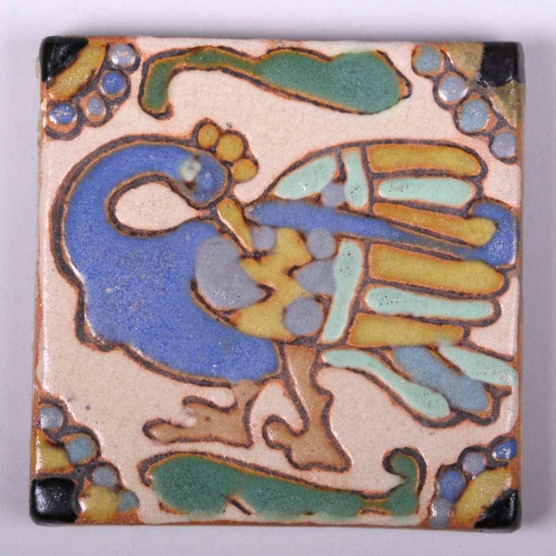 Batchelder Multi-Colored Turkey Tile: Batchelder multi-colored turkey tile. Colorful Batchelder tiles are rare. Unsigned. 4" x 4".