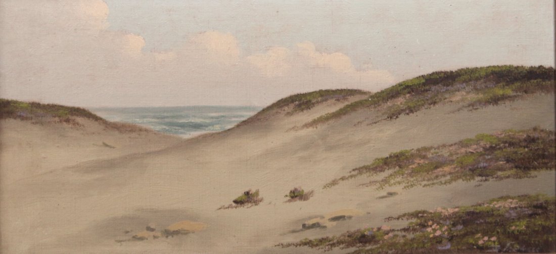 Richard Detreville Painting of Sand Dunes: Richard Detreville oil on board of coastal sand dunes. Unsigned. 8" h x 16"w. Original frame 10.5"h x 18.5"w.