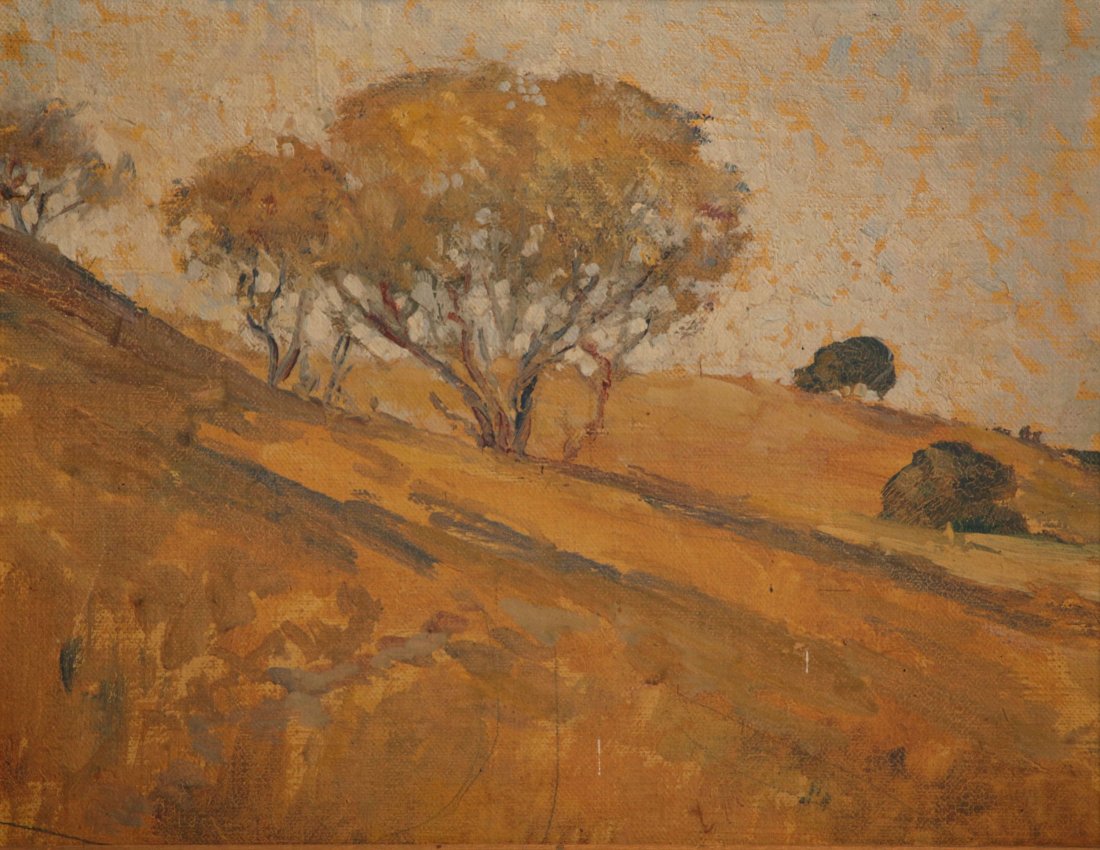 Small Painting of Marin County: Small oil on board landscape hills with oak trees. Unsigned. Possibly Marin County. 9"h x 11.5"w. Original frame 11.5"h x 14"w.