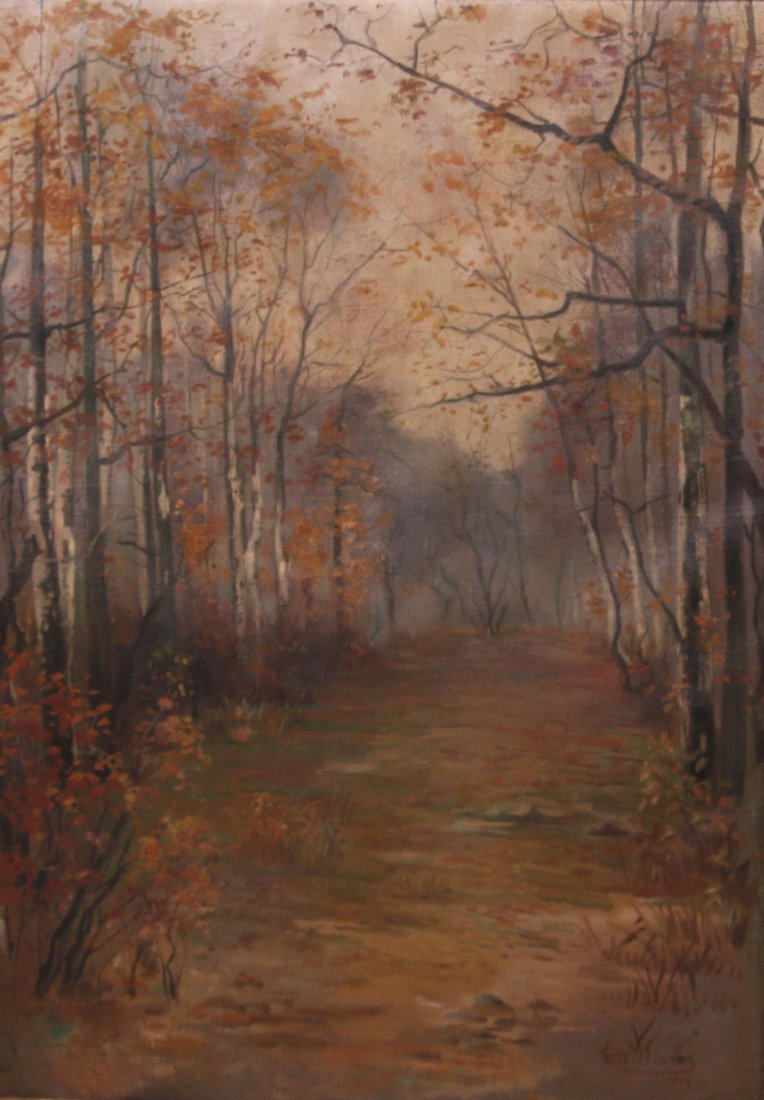 1903 Painting of Birch Trees: 1903 oil on canvas of birch trees signed "E. Williams". 28"h x 20"w. Needs cleaning. A couple of holes. Canvas needs stretching. Original frame with several chips 33.5"h x 25.5"w. New York partial lab