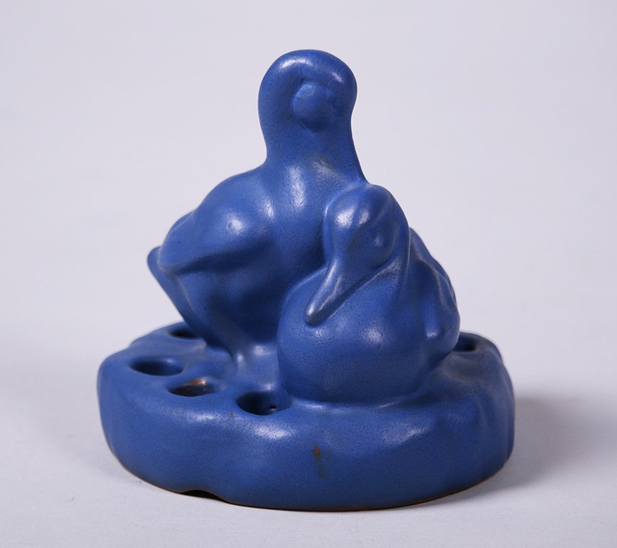 California Faience Matte Blue Swans Flower Frog: California Faience matte blue swans flower frog. Signed. 5.5"h.