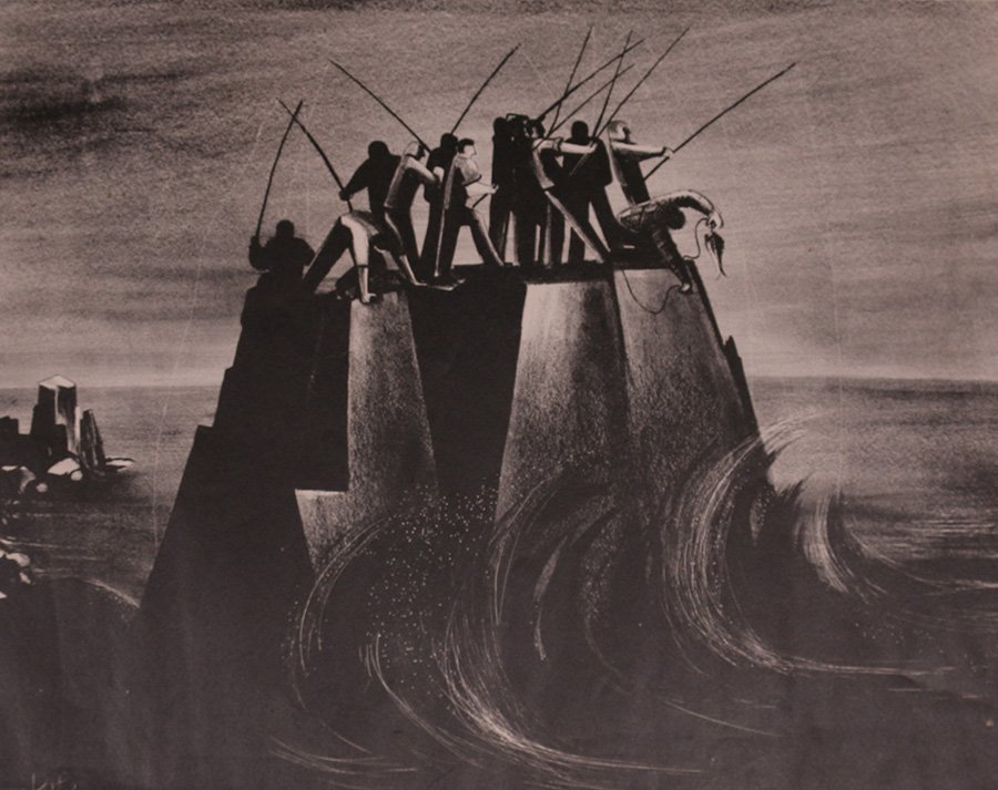 Herman Volz WPA era Litho "Catching the Fish" (1 of 4)