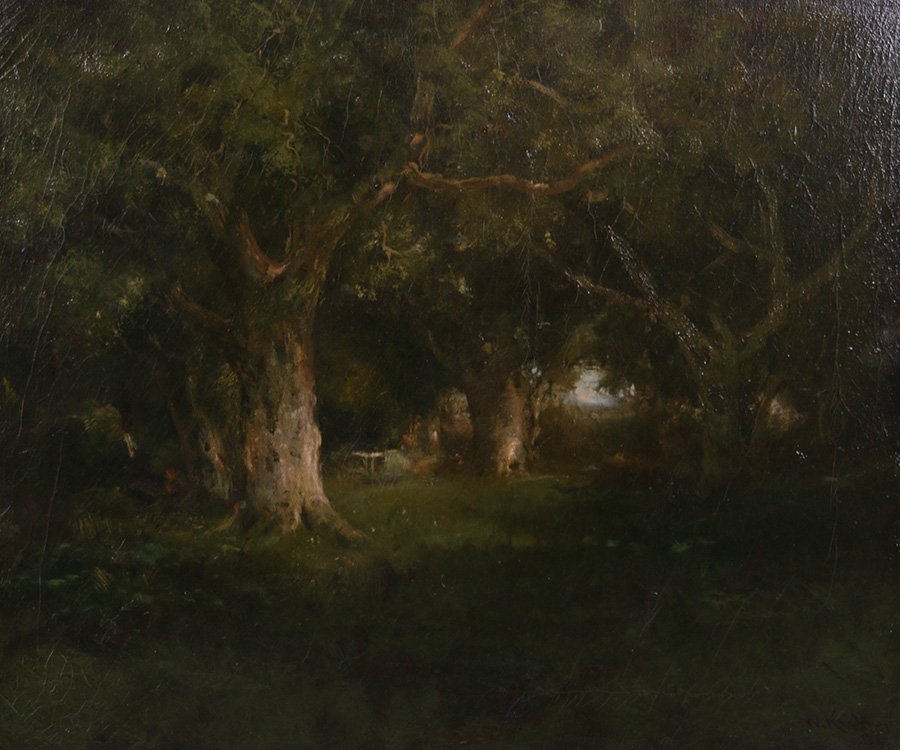 William Keith Painting: Beautiful William Keith oil painting on canvas entitled "The Quiet Oaks". 25"h x 30"w. Original frame 34"h x 39"w. Relined in 1984. We box and ship to keep costs low. We do not use a packaging service