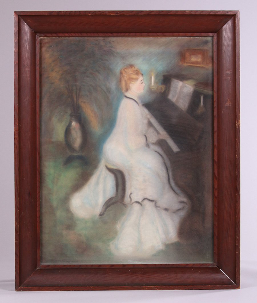 Redwood Framed Pastel of Woman Playing Piano: Redwood framed pastel on woman playing piano. Unsigned. 25"h x 19"w. Frame 31"h x 25"w. We box and ship to keep costs low. We do not use a packaging service, unless the costumer prefers us to use them