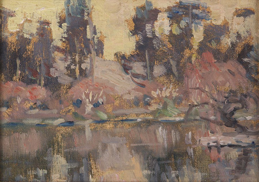 William Posey Silva Painting "Lake by Del Monte": William Posey Silva small oil painting on board entitled "Lake by Del Monte". 5"h x 7"w. Frame 8"h x 9.75"w. We box and ship to keep costs low. We do not use a packaging service, unless the costumer p