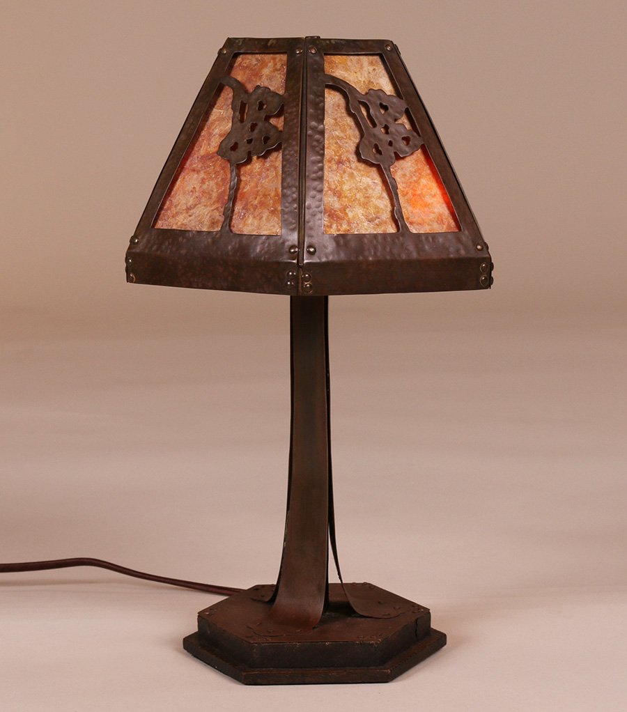 Arts & Crafts Hammered Copper & Mica Lamp: Arts & Crafts hammered copper and mica lamp attributed to Ernest Batchelder. Unsigned. Original patina. New mica. 12.5"h x 7"d. We box and ship to keep costs low. We do not use a packaging service, un