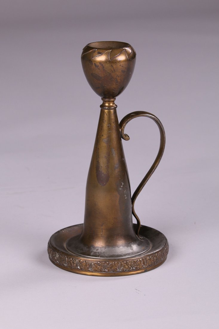 Apollo Studios New York Tall Candlestick: Apollo Studios New York tall candlestick with handle. Signed on bottom "Apollo Studios New York 323". Worn original patina. 10.5"h x 6"d. We box and ship to keep costs low. We do not use a packaging s