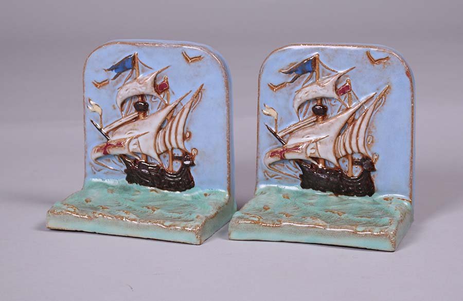 Arts & Crafts Ceramic Ship Bookends c1910 (1 of 2)