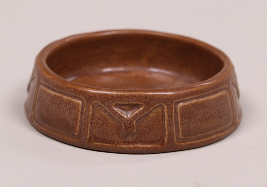 Overbeck Pottery Student Bowl: Overbeck Pottery student small bowl with matte brown glaze. Signed with student's initials "AL" on bottom. Small rim chip. 3.75"d x 1"h. We box and ship to keep costs low. We do not use a packaging se
