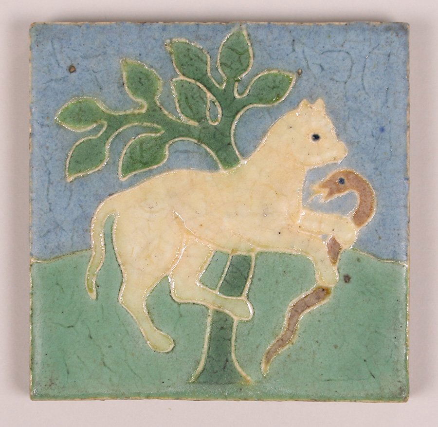 Grueby Tile: White Lamb Battling Snake (1 of 3)
