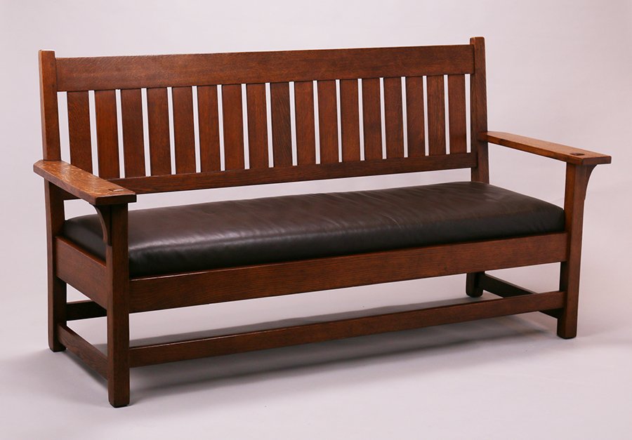 Gustav Stickley Bench Settle: Gustav Stickley bench settle. Unsigned. Refinished. 71.25"w x 38"h x 26"d. 5% of this lot will benefit The Dirk van Erp Foundation. Larger piece are shipped via Steve Auger Shipping. He travels coast