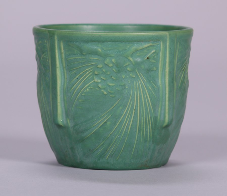 Peters & Reed Matte Green Pinecone Jardiniere: Peters & Reed matte green pinecone jardiniere. Unsigned. Perfect condition. No chips, cracks or repairs. 4.75"h x 5.75"d. 5% of this lot will benefit The Dirk van Erp Foundation. We box and ship ourse