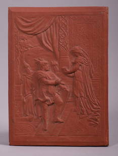 Arts & Crafts Theatrical Tile Vallejo, CA: Arts & Crafts red bisque tile with theatrical scene possibly by Alexander Robertson. Marked "Vallejo 1889 Solano Co. Cal" at top. Robertson (formerly Roblin Pottery) left San Francisco after the 190