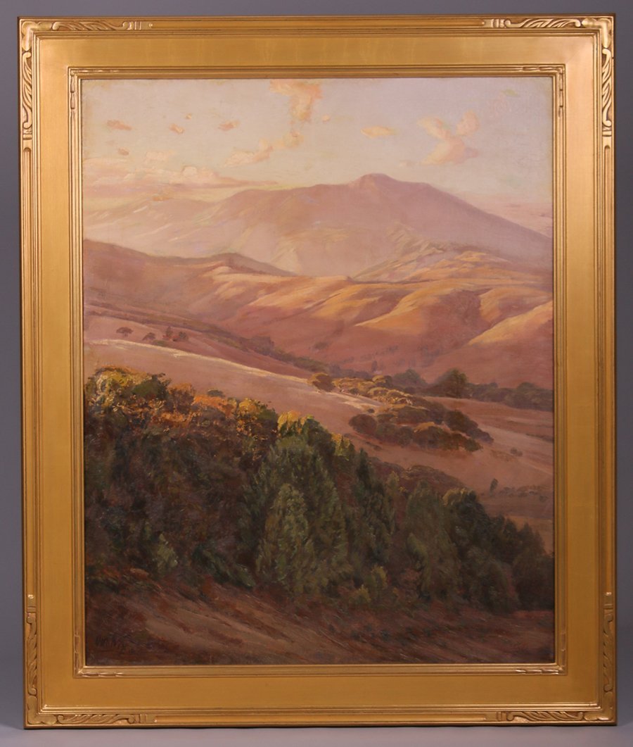 Henry Otto Wix Large Painting of Mt Tamalpais: Henry Otto Wix (1866-192) large painting on canvas of Mt Tamalpais, Marin County, California. 36"h x 29"w. Frame 43"h x 36"w. 5% of this lot will benefit The Dirk van Erp Foundation. We box and ship o